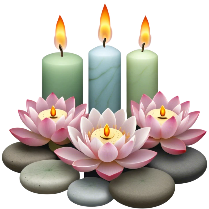 A photorealistic icon featuring lotus flowers, burning incense sticks with smoke rising, smooth round sea stones, and multiple small round candles arranged in a calming, tranquil setting. Soft, peaceful colors with detailed textures that evoke mindfulness and inner peace. Transparent background emoji