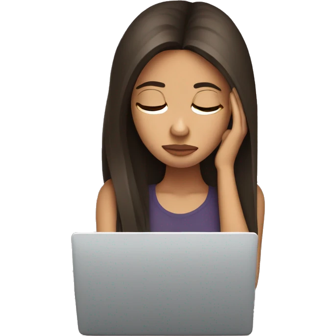 Sad straight hair brunette at a laptop with headache emoji