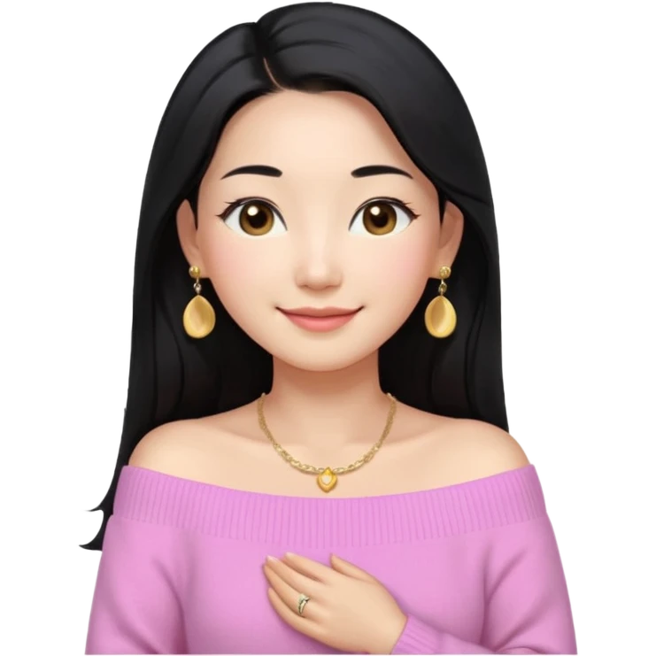 South Korean girl in her mid-thirties with long black hair and a middle part. She is wearing a baby pink, off the shoulder long sleeve knit sweater. She has small gold earrings and a gold necklace. She has brown eyes with narrow, mono lid shape and smiling with lips together emoji