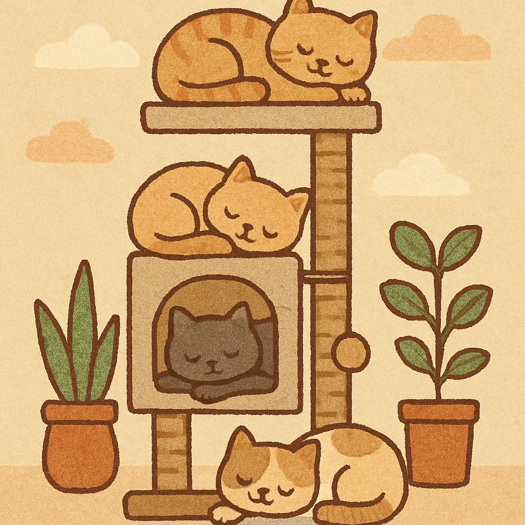 cats relaxing in a vertical playhouse emoji