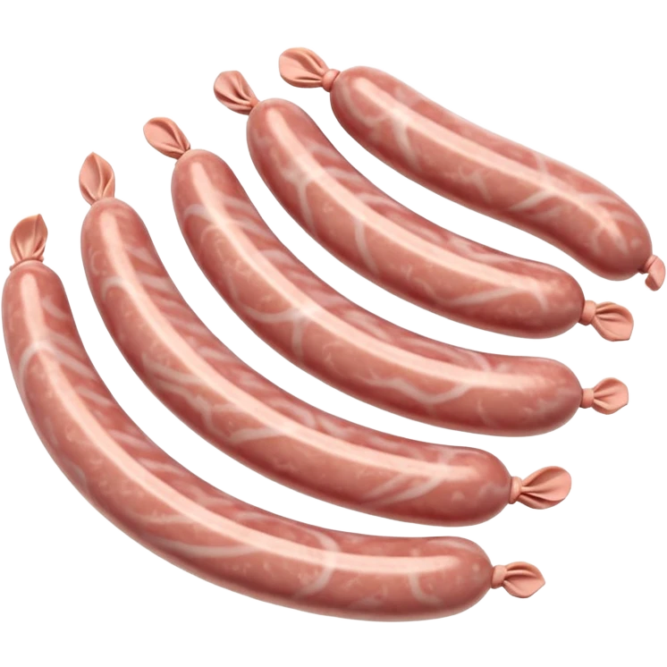raw chipolata sausages, 2 or 3 small thin pale pink raw pork sausages, lightly curved, subtle marbling, smooth translucent casing, arranged naturally, slightly overlapping or coiled, fresh moist texture, clean 3D look, soft lighting, no extra elements, no faces, emoji scale emoji