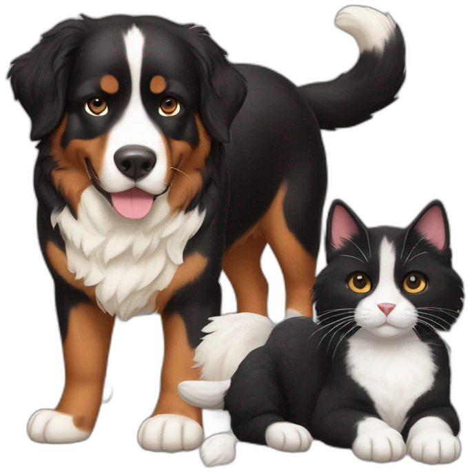 Bernese dog next to A brown and black cat without white emoji