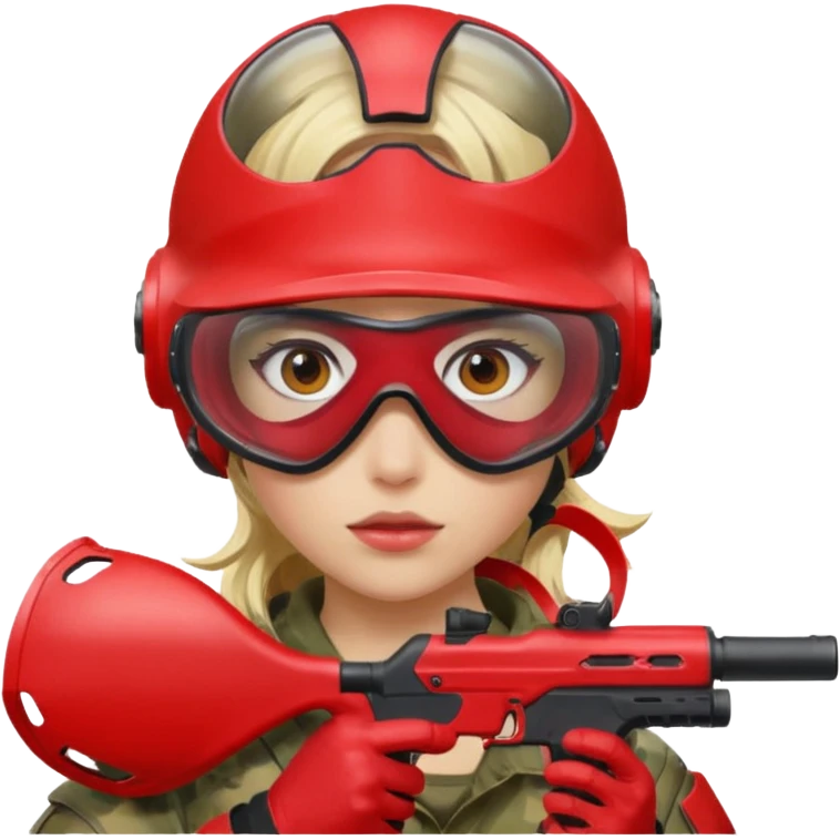 blond girl playing paintball with red paintball helmet with eye protection, only face emoji