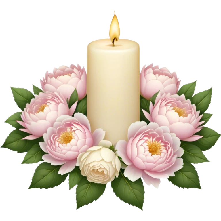 A soft ivory pillar candle, melted slightly over time, nestled within a floral wreath of pale pink roses, delicate white peonies, and blush dahlias, casting a gentle golden glow.
 emoji