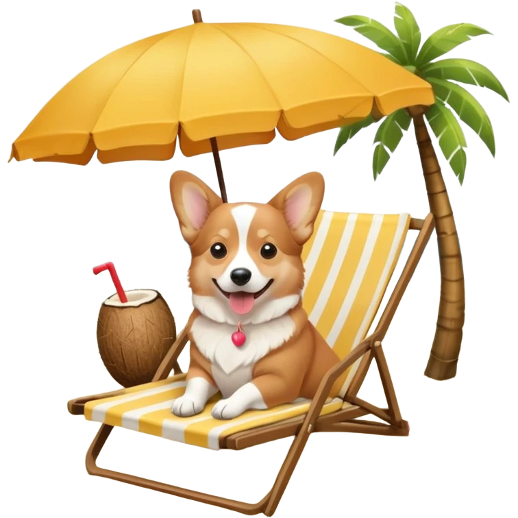 a corgi dog laied on a beach chair, a sunny beach, a sun umbrella, and beach coconut trees. the icon should capture the essence of a relaxing beach vacation with a carefree atmosphere emoji