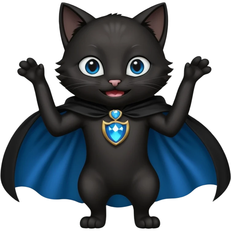 an all black anthropomorphic cat with blue eyes wears an all black cape and is smiling a mischievous sharp tooth grin emoji