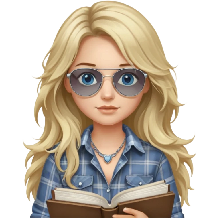 girl with long blond messy hair wearing grey plaid shirt with blue eyes and aviator sunglasses wearing a ring on her silver necklace, holding law books emoji