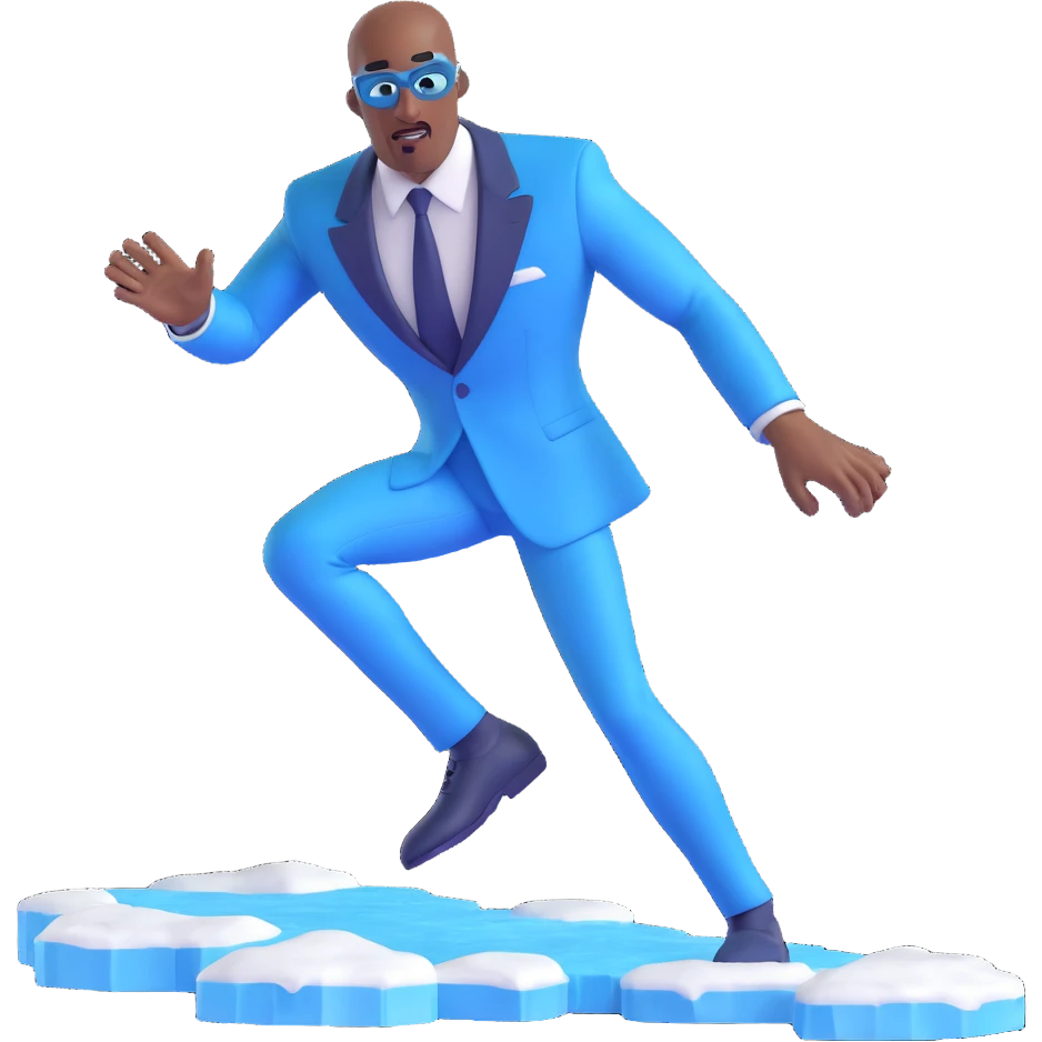 Frozone, creating ice path, confident expression, blue and white suit, animated 3D style emoji