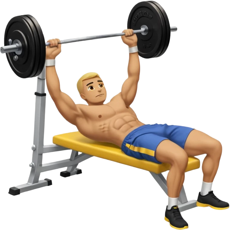man performing a laying down bench press with cloths on, side angle, in yellow apply emoji format emoji