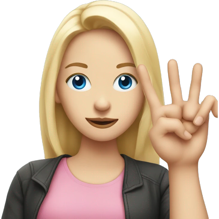 white woman ups two fingers dressed in pink w blue eyes emoji