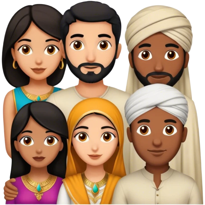 one Persian girl, one Indian girl, one Moroccan man, one black man, one Egyptian man emoji