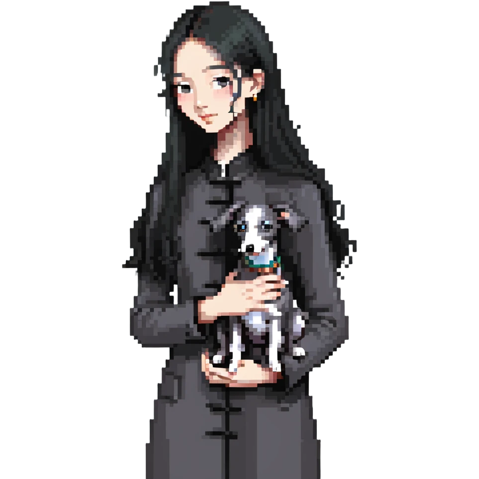 Slim Chinese girl with long black hair holding completely solid grey Italian greyhound with absolutely no white markings anywhere emoji