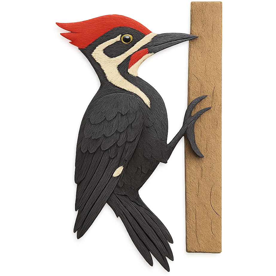 Pileated Woodpecker clinging to a tree, delicate paper layers, realistic feather patterns, subtle color variations emoji