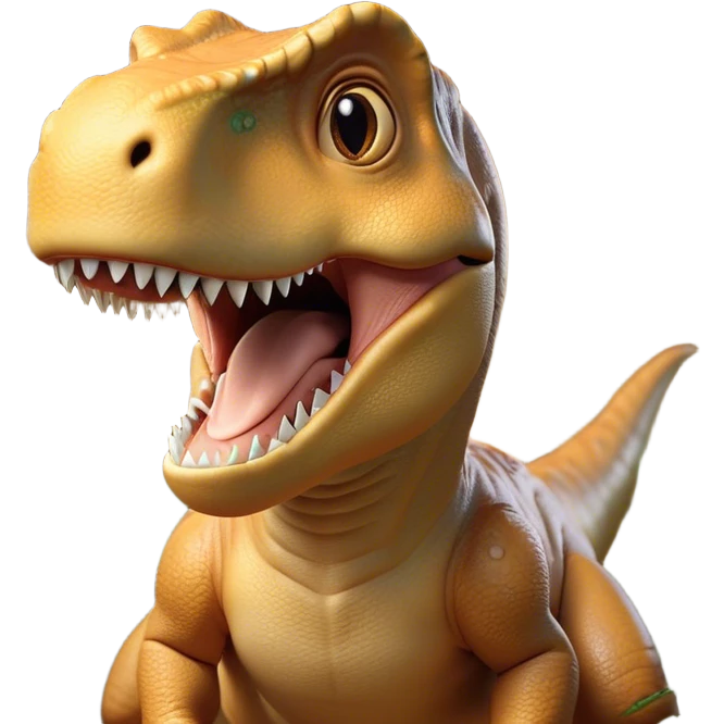 Cinematic Cute T-rex Portrait Emoji, Head tilted playfully with a big, endearing smile, featuring a compact, fierce yet friendly form with a massive head, tiny arms, and sparkling, mischievous eyes, Simplified yet irresistibly adorable features, highly detailed, glowing with a warm, inviting prehistoric glow, high shine, affectionate and lively, stylized with a touch of whimsical dinosaur charm, soft glowing outline, capturing the essence of a mischievous yet lovable T-rex that seems as if it could stomp out of the screen into your heart! emoji