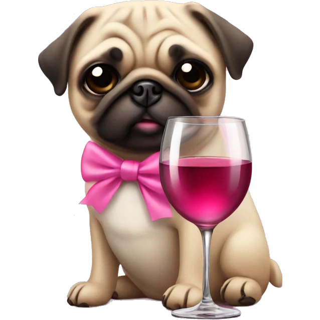 A pug dog with a pink bow and a glass of rose wine  emoji