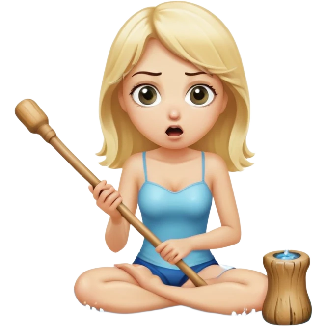 blond woman sitting on her knees with wide eyes, she's holding a wide stick with a D-shaped knob, the stick is made of skin, water squirting from the knob into her mouth, shocked face emoji