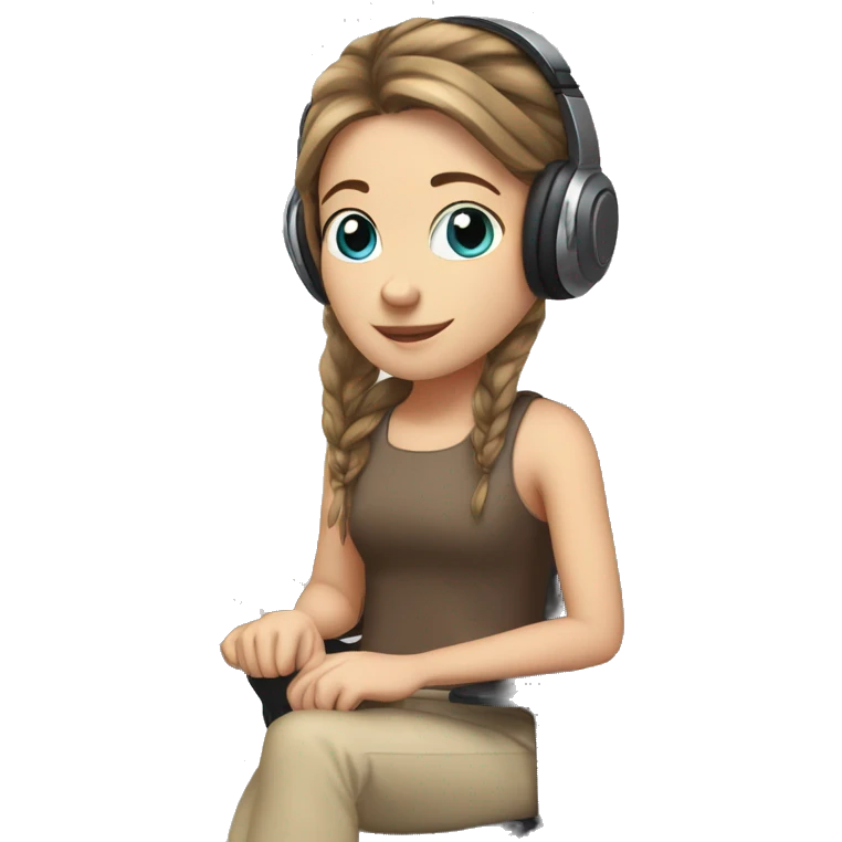 white girl at desk, brown hair, ponytail, blue eyes, computer, headphones emoji