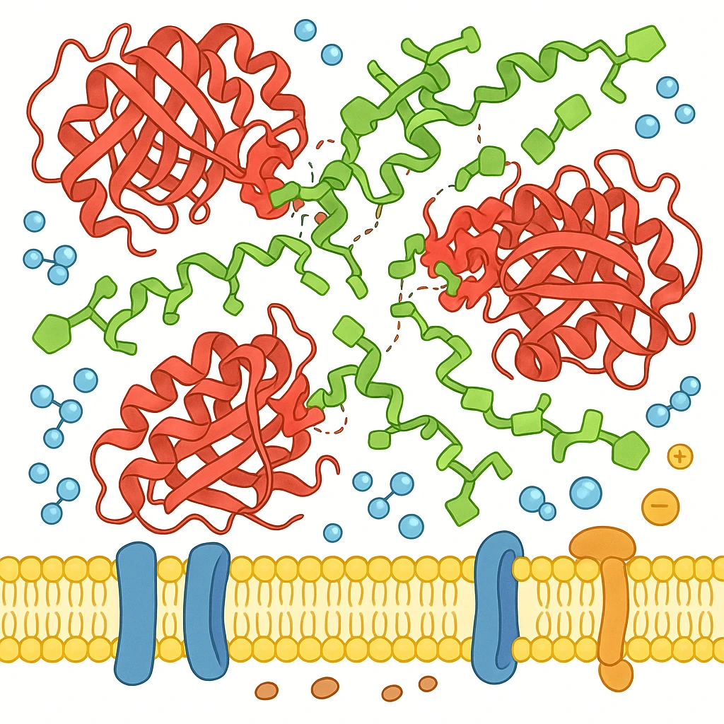 Ultra-realistic scientific illustration of enzymatic starch digestion at the cellular level, rendered in textbook-accurate detail. Show:

Multiple amylase enzyme molecules (red, with clear tertiary structure showing alpha-helices and beta-sheets) actively cleaving
Starch polymers (green amylose/amylopectin with accurate glucose unit linkages - α(1→4) and α(1→6) branches)
Cell membrane segment (yellow phospholipid bilayer with integral proteins and cholesterol molecules)
Reaction environment (blue water molecules, ionic interactions, pH-sensitive groups)
Molecular interactions (hydrogen bonds, substrate-enzyme transition state, electron cloud textures)
Technical Specifications:

Background: Pure white (#FFFFFF)
Accuracy: PDB-level structural correctness (reference 1SMD for amylase)
Exclusions: No labels
Special Details to Include:

Catalytic triad (Asp197, Glu233, Asp300) in amylase active site
Starch helix distortion during hydrolysis
Membrane protein channels for glucose transport emoji