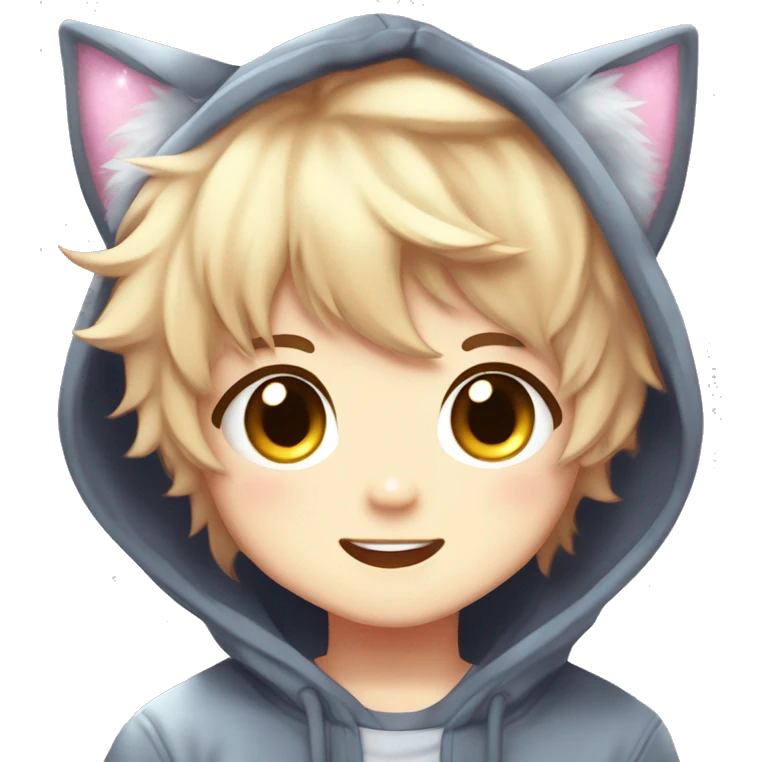 Cute Kawaii Beautiful Gorgeous Sparkly Shiny Blushing Anime Style Romantic Shojo Catboy With Pretty Hair And Hoodie Trendy Style Outside emoji