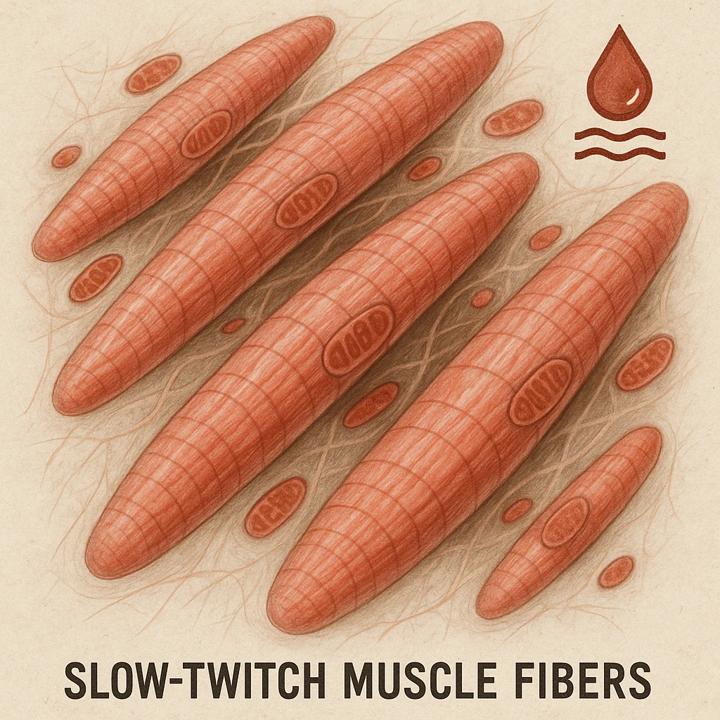 hyper realistic image of slow twitch muscle fibers, visibly saturated, less hypertrophic compared to fast fibers, anatomical and cellular details, scientific atmosphere, saturation symbols, light background emoji