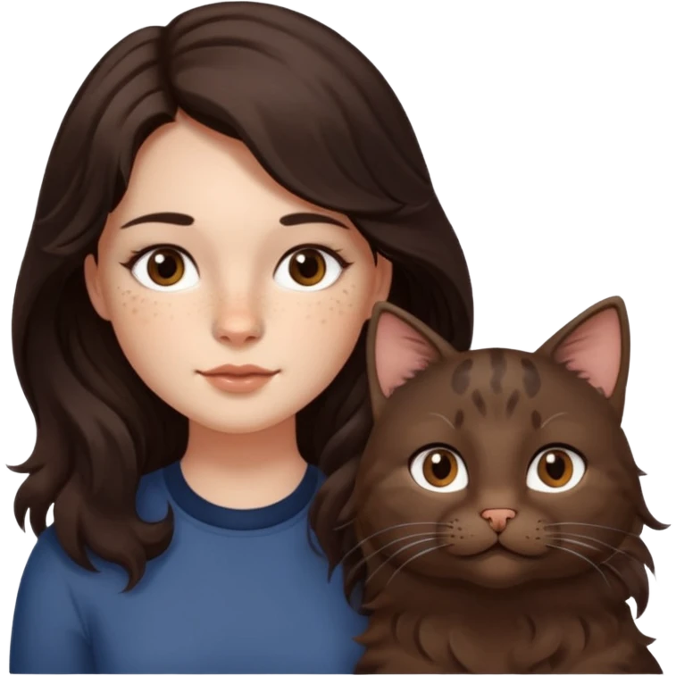 Uzun koyu kahverengi dalgalı saçlı, çenesinde beni olan ve yüzünde biraz çiller olan, iri koyu kahverengi bol kirpikli gözlü sevimli bir yüzü katlı kesim bir saçı olan kadın yap yanına da kilolu tamamen kahverengi bir kedi yap emoji
