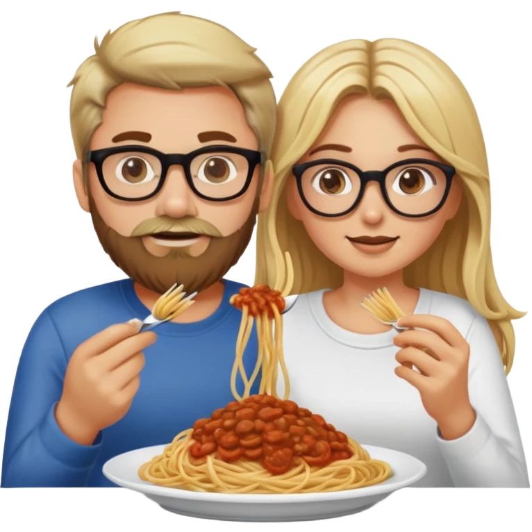 Blonde Caucasian girl without glasses, eating spaghetti with Caucasian man with brown hair and beard wearing glasses emoji