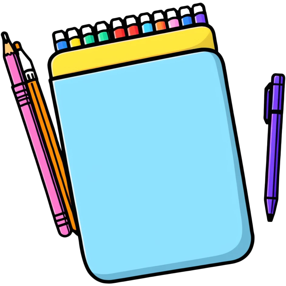 Cute school supplies including colorful pencil case, notebook, pens, and markers emoji