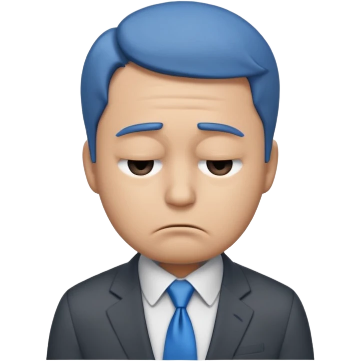 emoji character wearing a dark grey suit, white shirt, and blue tie. face has a very sad, disappointed expression with drooping eyebrows and half-closed eyes His posture is dejected, with slumped shoulders. he just rejected from his interview to get a job emoji
