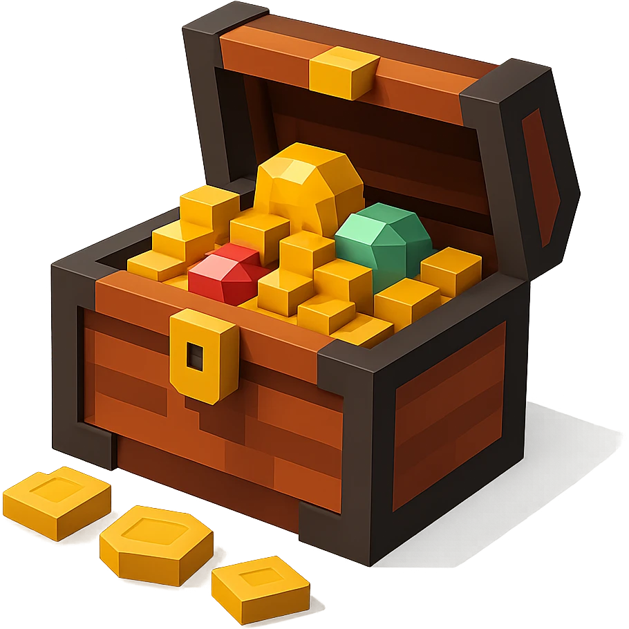 A pirate treasure chest with gold coins and gems, minimalist 3D blocks design emoji