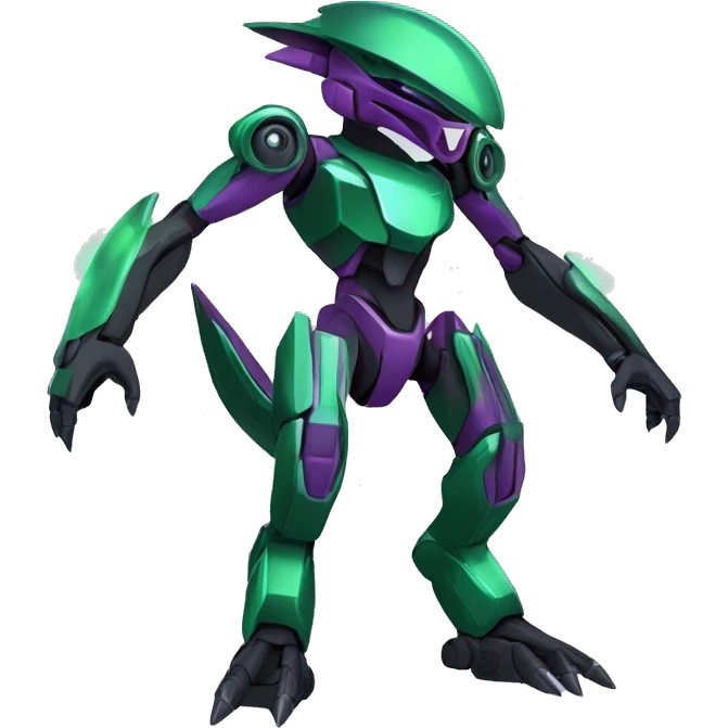a shiny black-green-purple Genesect-Raptor-Fakémon-Medabot-hybrid with a futuristic visor-helmet full body emoji