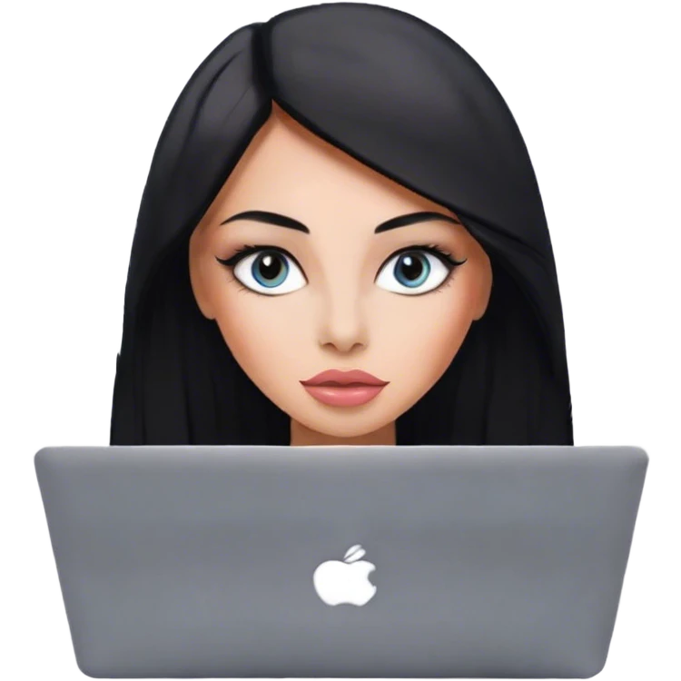 Glamours, tanned, very beautiful girl, with big pump peach-beige-rose lips, eyeliner, long long lashes, black straight smooth silky long hair, straight parting hair, blue-grey eyes with macbook emoji