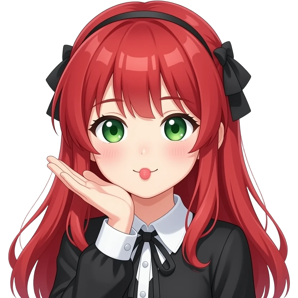 anime girl blowing kiss hand red hair green eyes black blouse with white collar emoji