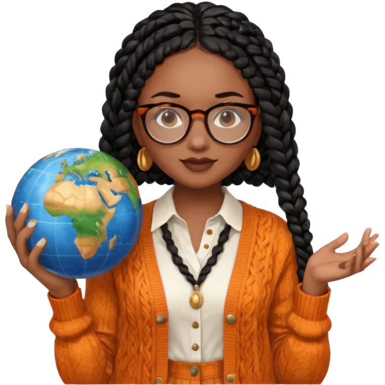 a young woman wearing fine gold round glasses and black hair in several box braids, she has light black skin, and she's wearing a white shirt with an orange-terracotta cardigan on top. She's holding a globe in one hand emoji