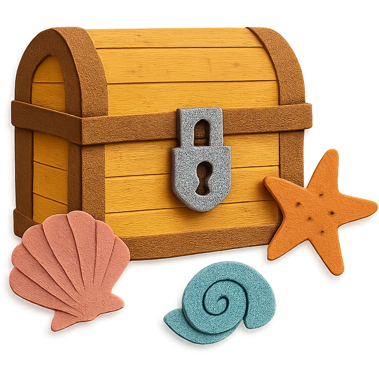 closed treasure chest with a lock, surrounded by seashells and starfish in paper-craft style emoji