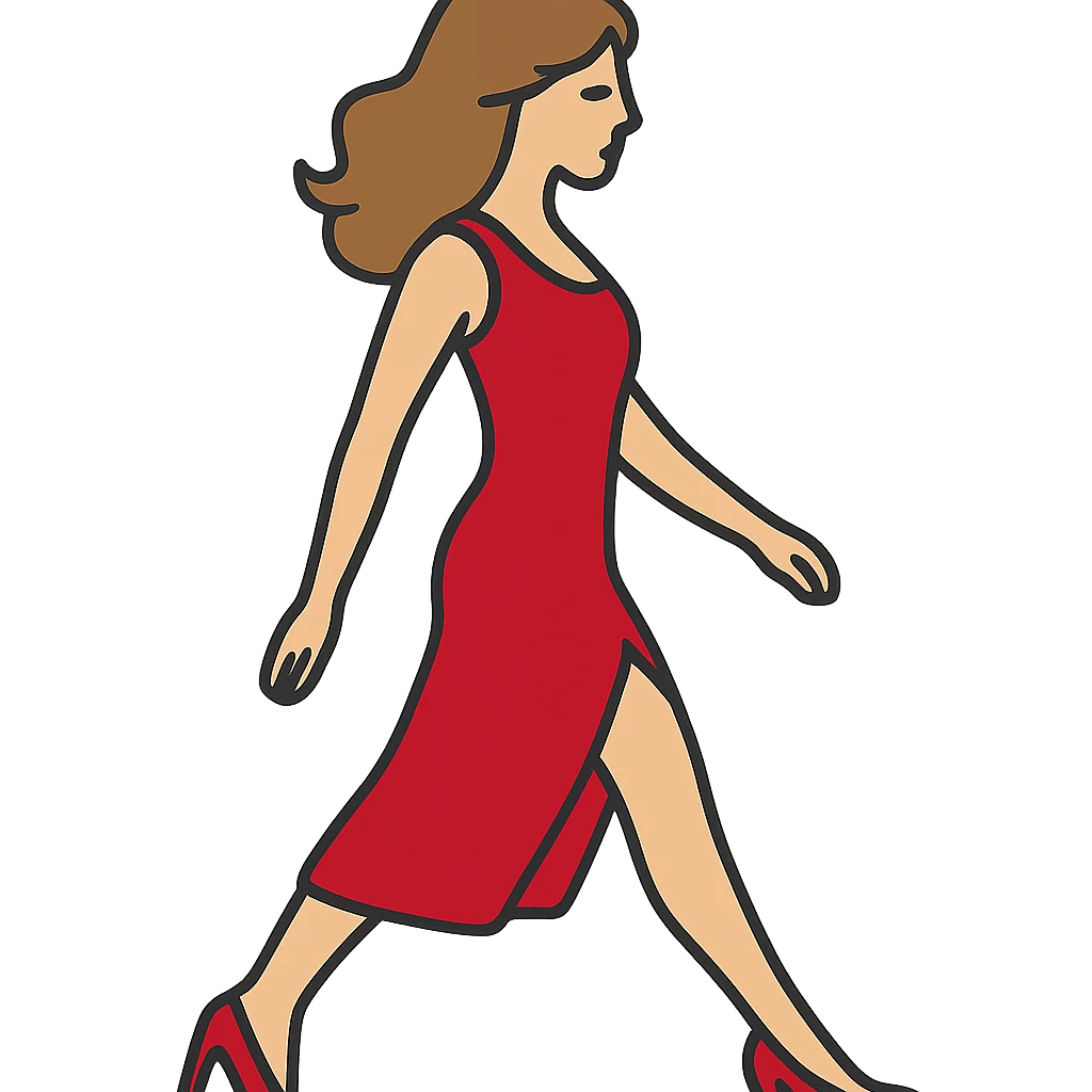 Depict the same girl from the previous reference with the same appearance, hairstyle, red dress, and shoes in the style and color as before, but with the arm and leg positions as shown in the new sketch. Ensure the entire figure is fully in frame without cropping any body parts. Transparent background. emoji