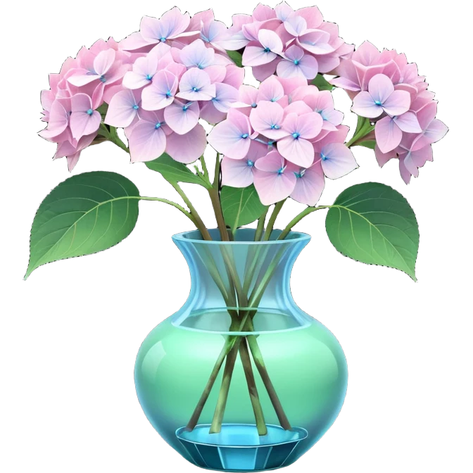 Hyperrealistic, 3D rendering, still life, smooth, clean thin lines, 8k, very Lush pale pink Hydrangeas with vivid leaves in pale blue crystal translucent glass vase, on dark wood stained table emoji