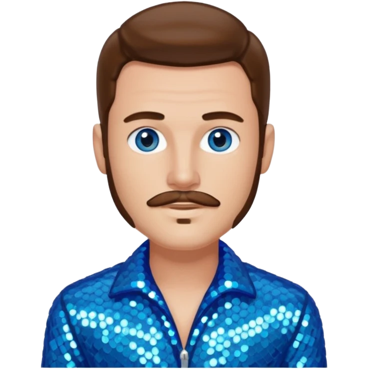 Benson Boone (b.2002), Pop Singer with blue eyes, brown long hair and thin mustache, icy blue sequin outfit emoji