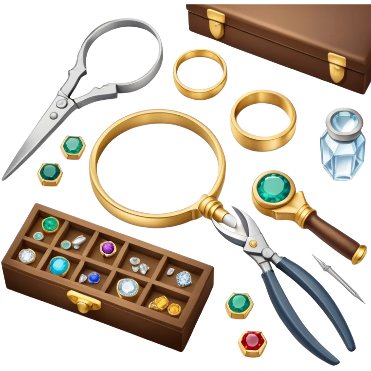 Create an icon that represents the art of jewelry making. The design should include a jeweler's workbench, tools like pliers, a magnifying glass, and various precious materials such as gemstones, gold, and silver. Feature a partially crafted piece of jewelry, like a ring or necklace, showcasing intricate details and craftsmanship. The composition should evoke elegance and precision, reflecting the skill and artistry of jewelry making. The background should be transparent. emoji
