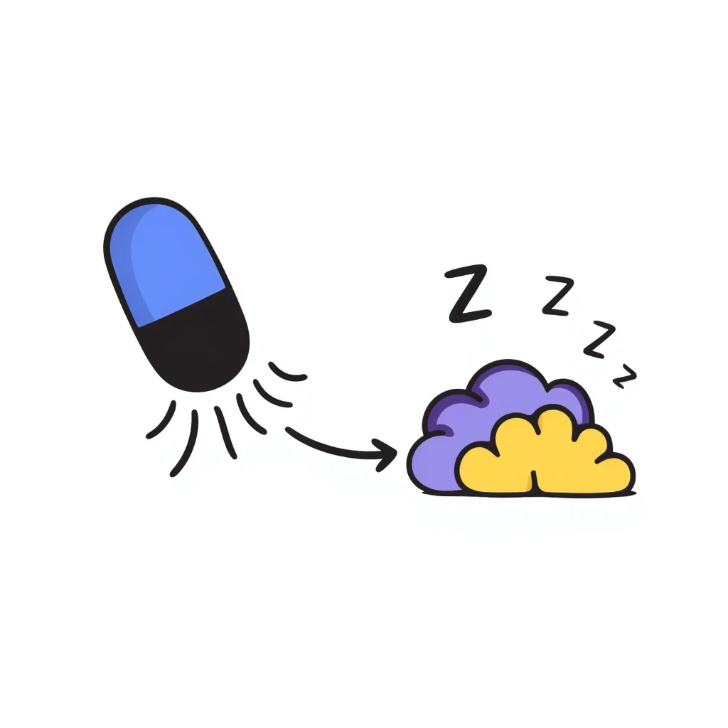 Hand-drawn sedative medication concept: blue pill releasing purple calming waves toward a yellow brain that's gradually turning dark blue (sleeping). Small ZZZ sleep icons floating above. Simple diagram with arrows showing sedative pathway from pill to sleep state. emoji