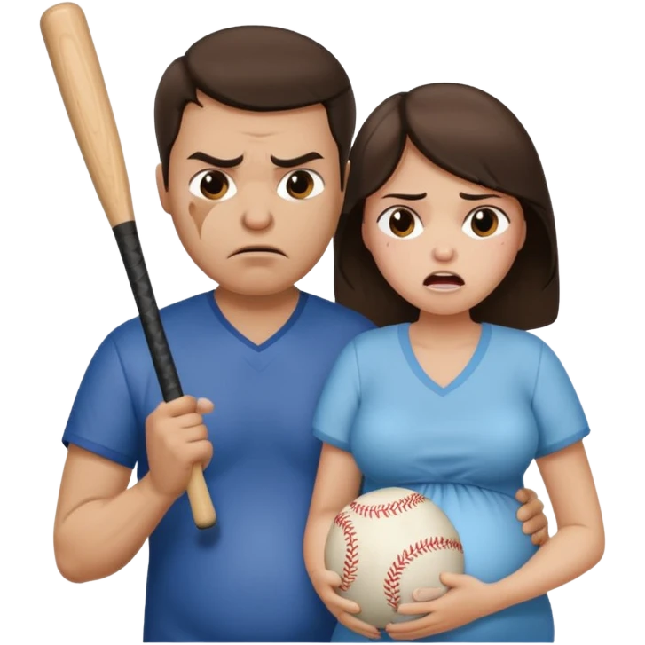 A angry brunette man holding a baseball bat towards a brunette pregnant woman who is crying emoji
