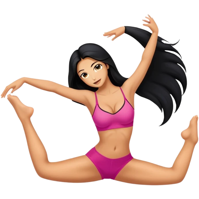 woman with bra, tanned long black hair, doing splits emoji