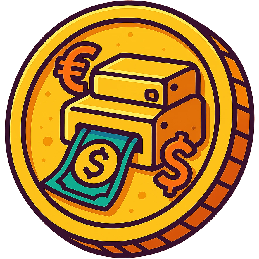 coin shaped like a money printer, metallic gold, with currency symbols, vibrant toon style emoji