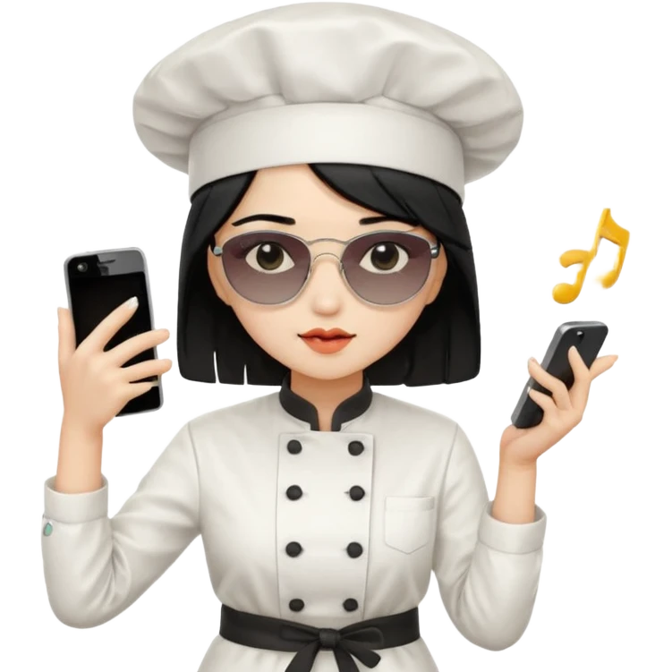 ["A sad woman with light skin, straight hair, wearing a chef hat and sunglasses, dressed in K-pop fashion, is dancing while holding a phone."] emoji