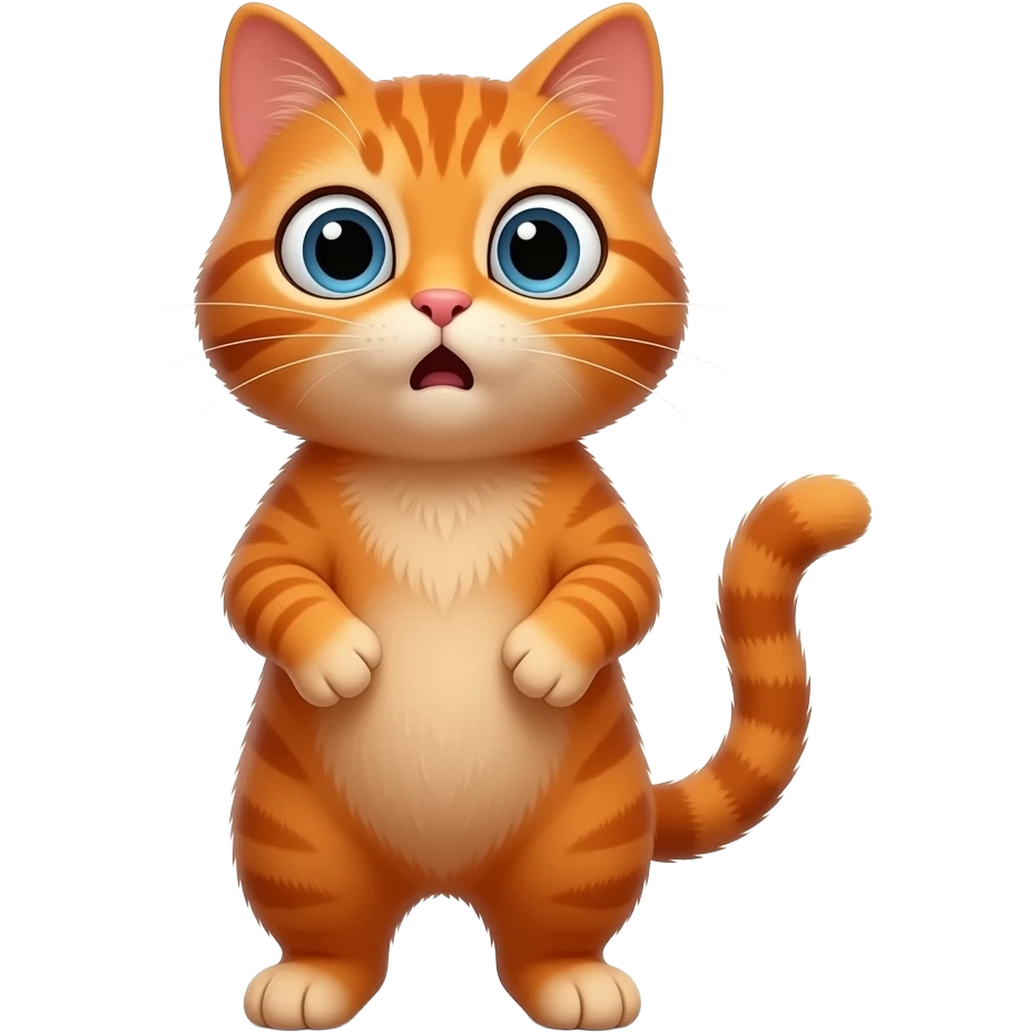 A little orange cat standing up like a little person, looking very surprised. All his body is dark orange. emoji