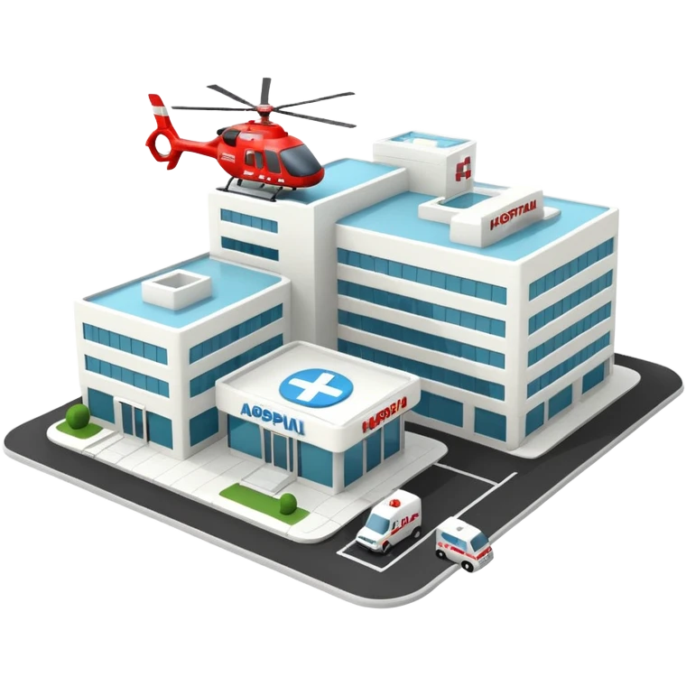 3d hospital outside, with text hospital, ambulance, helicopter emoji