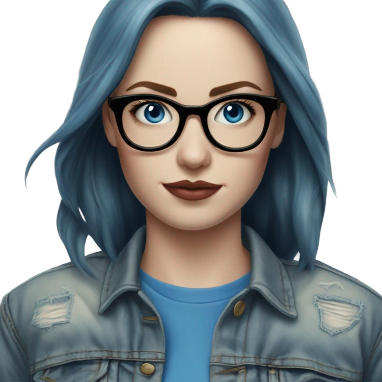 Hyper Realistic pale beautiful tattooed woman with glasses and blue eyes wearing denim jacket emoji