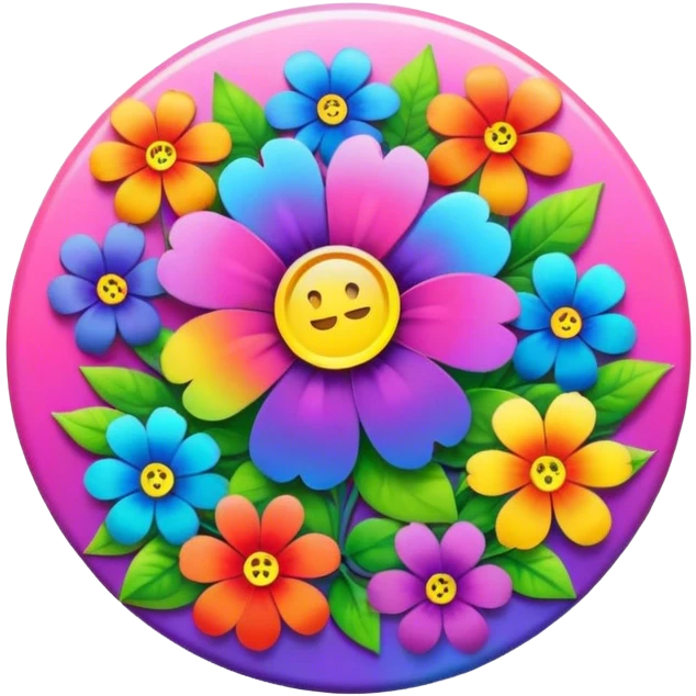 A round psychedelic colored button with rainbow colored flowers in the center emoji
