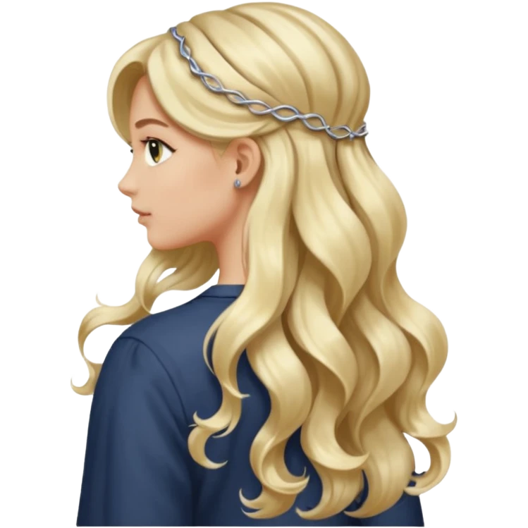 a girl facing backwards so that her hair is showing, long hair that is wavy. she has her hair in a style of half-up-half-down with a small claw-clip securing the hair of the head where the hair strands meet. hair is a platinum blonde color and dark blonde highlights.  emoji