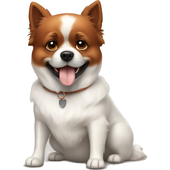 A white Pomeranian dog with an old copper colored boxer dog who love each other  emoji