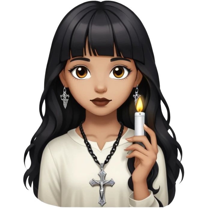 Brown girl with a lighter skin tone, long wavy hair, straight bangs, extremely black hair, more gothic appearance but not too gothic, silver-toned crucifix pendant  emoji
